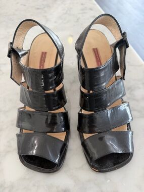 Patent Black Multi-Strap Heeled Sandals - Women